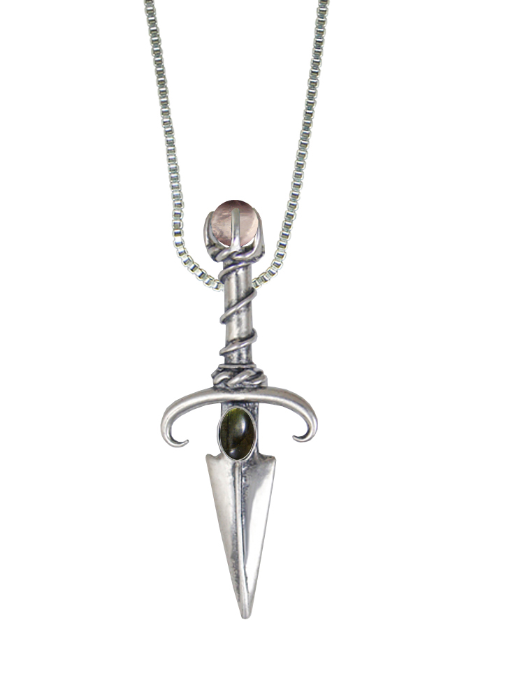 Sterling Silver Black Prince's Knife Dagger Pendant With Spectrolite And Rose Quartz